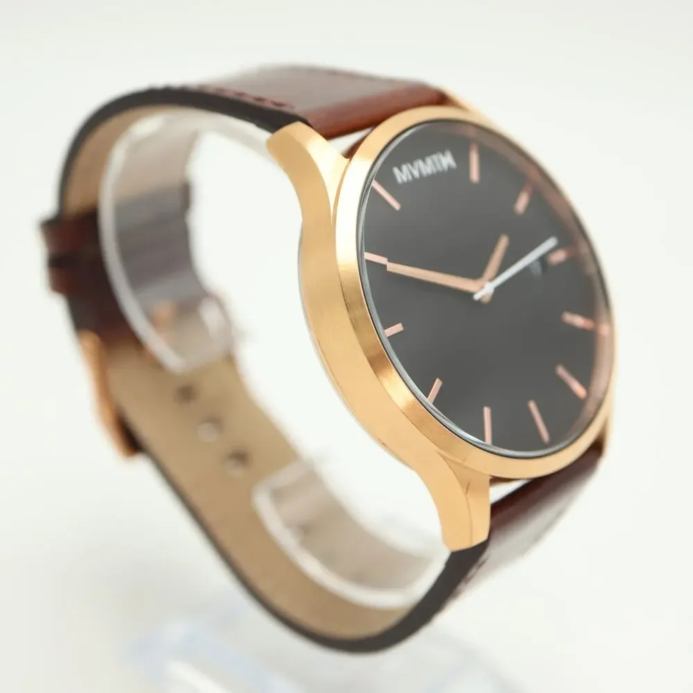 MVMT Mens Classic 45mm Black Date Watch Brown Leather Strap w New Battery